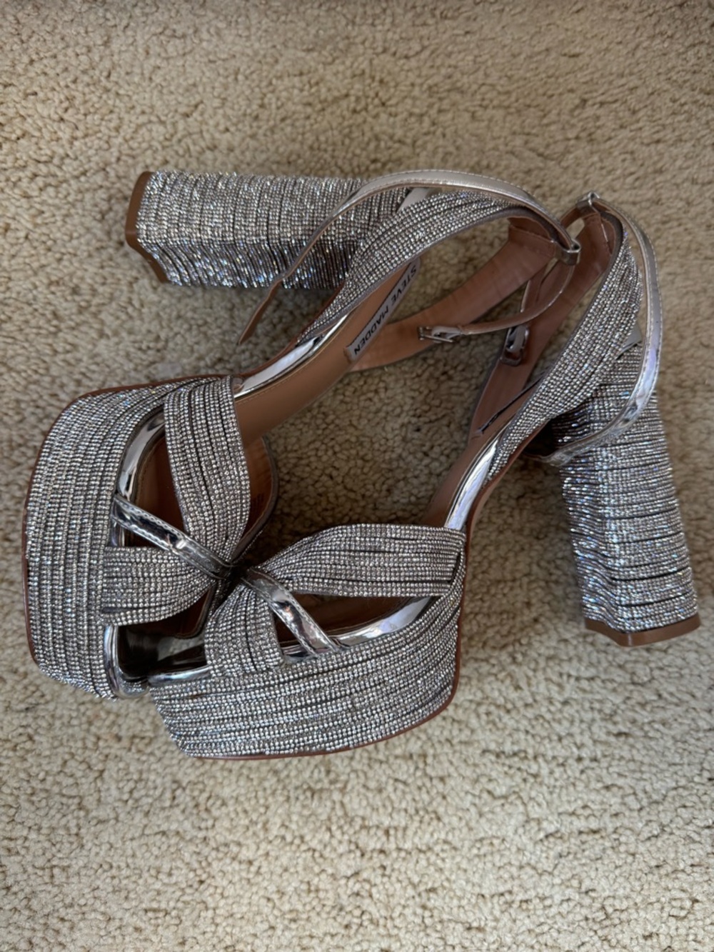Steve Madden Silver Glitter Platform Block Heel Sandals with Ankle Strap